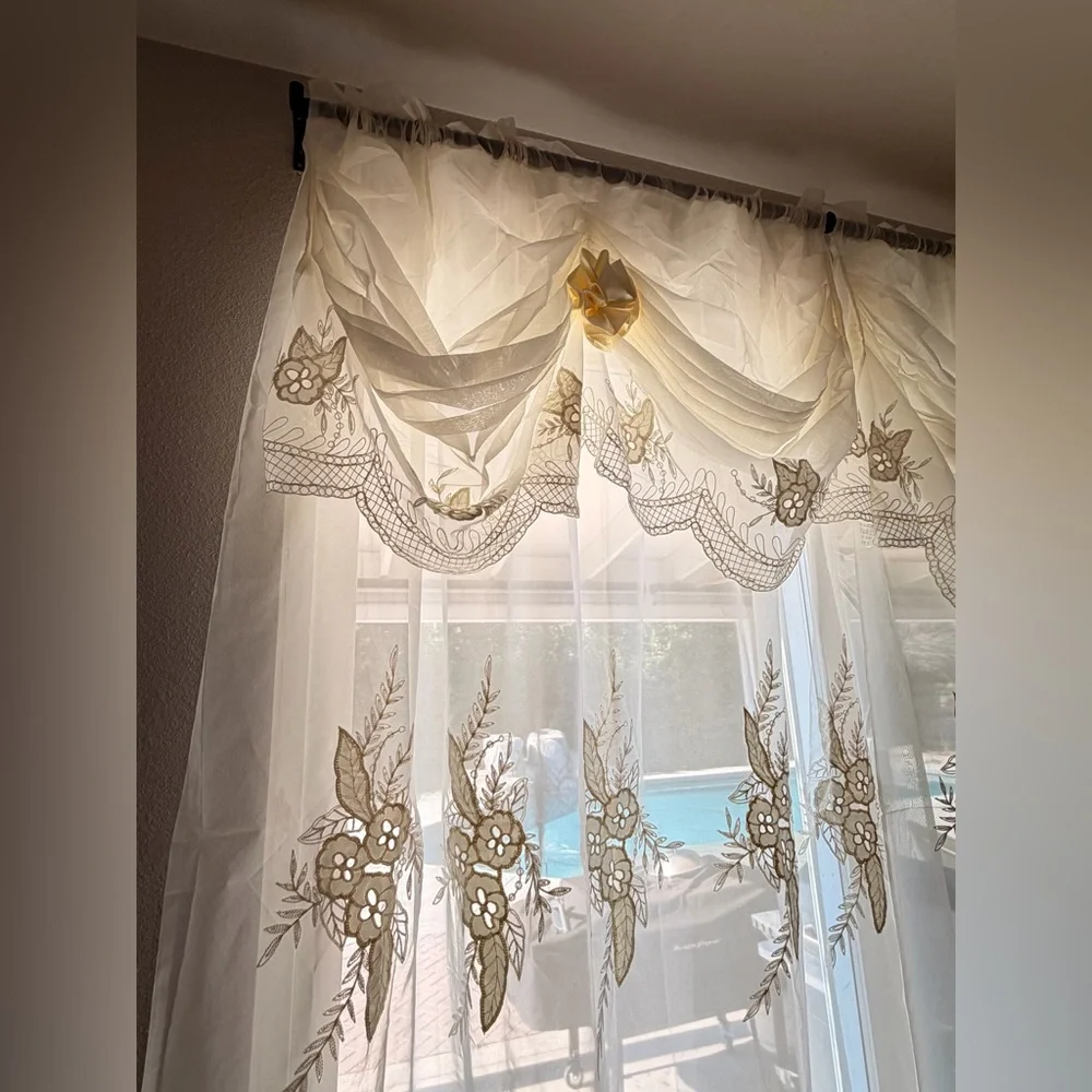 Vintage Embroidered Sheer Curtains Floral Lace 76x59 Set of 2